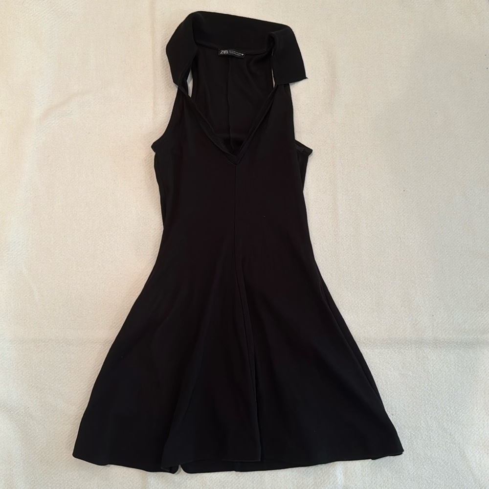 Zara V-neck Collard Flare Black Ribbed Dress